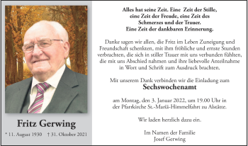 Anzeige von Fritz Gerwing 