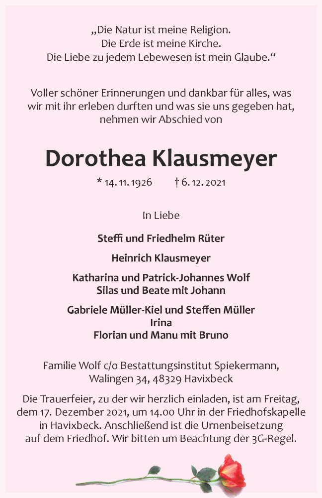  Traueranzeige für Dorothea Klausmeyer vom 11.12.2021 aus 