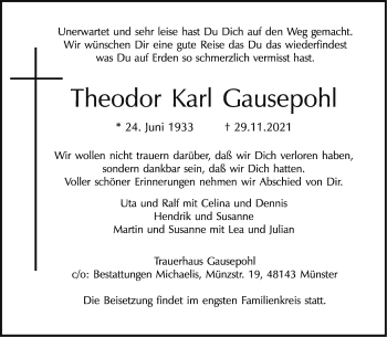 Anzeige von Theodor Karl Gausepohl 
