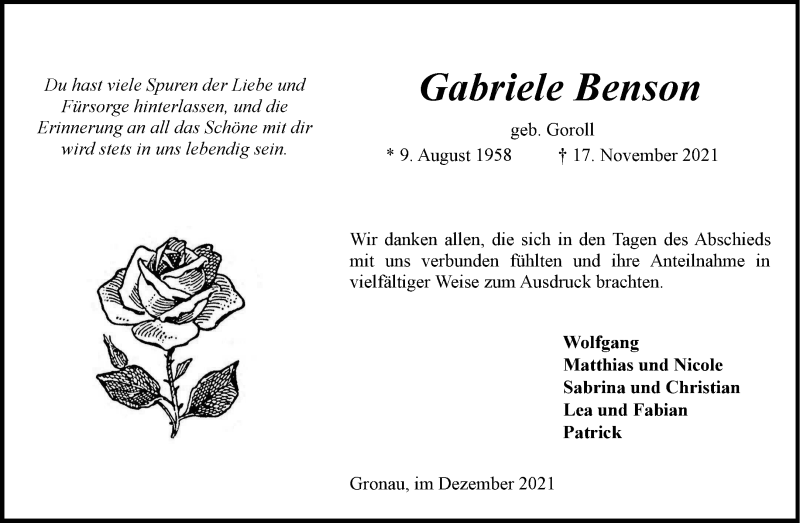 Traueranzeige für Gabriele Benson vom 04.12.2021 aus 