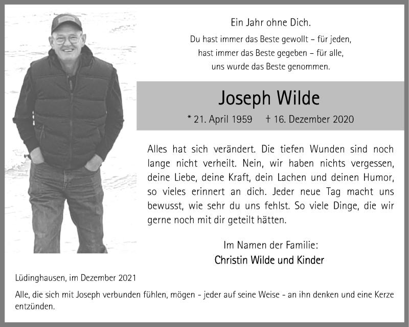  Traueranzeige für Joseph Wilde vom 11.12.2021 aus 