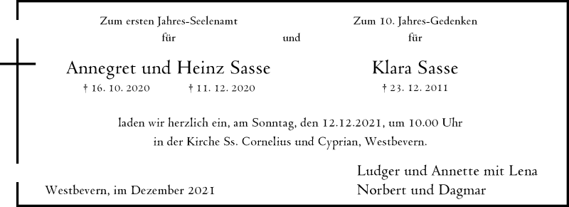  Traueranzeige für Klara Sasse vom 11.12.2021 aus 