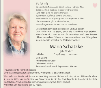 Anzeige von Maria Schätzke 