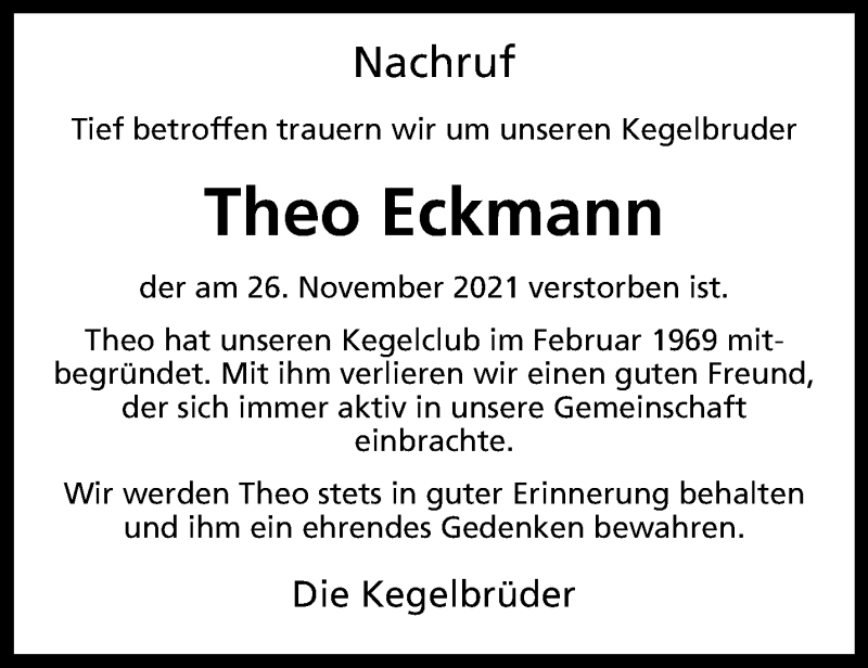  Traueranzeige für Theo Eckmann vom 01.12.2021 aus 