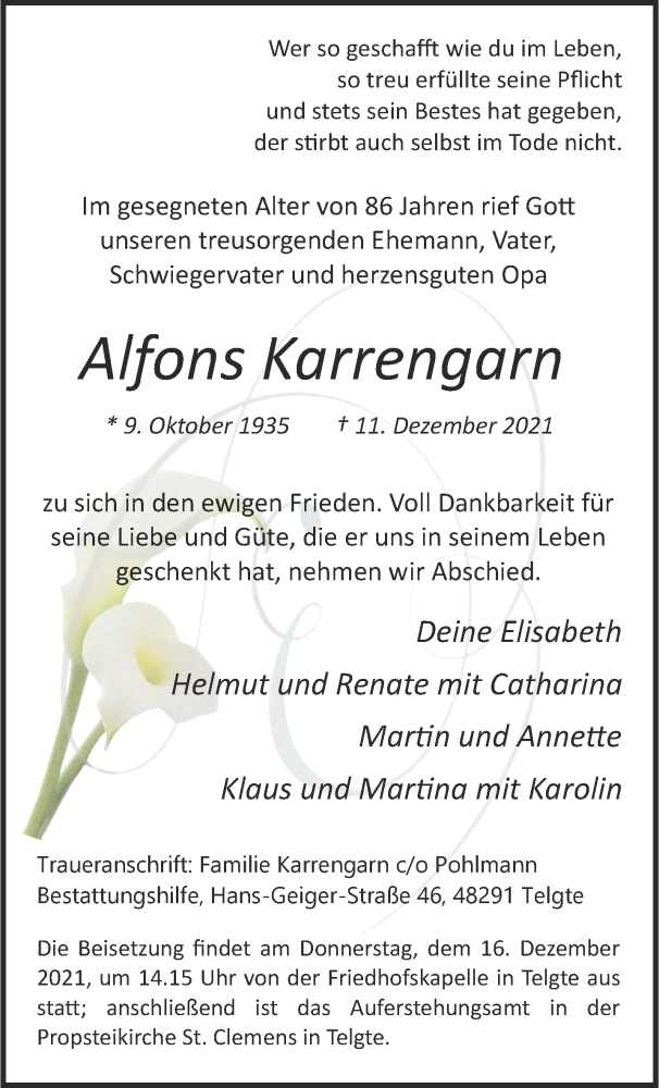  Traueranzeige für Alfons Karrengarn vom 15.12.2021 aus 