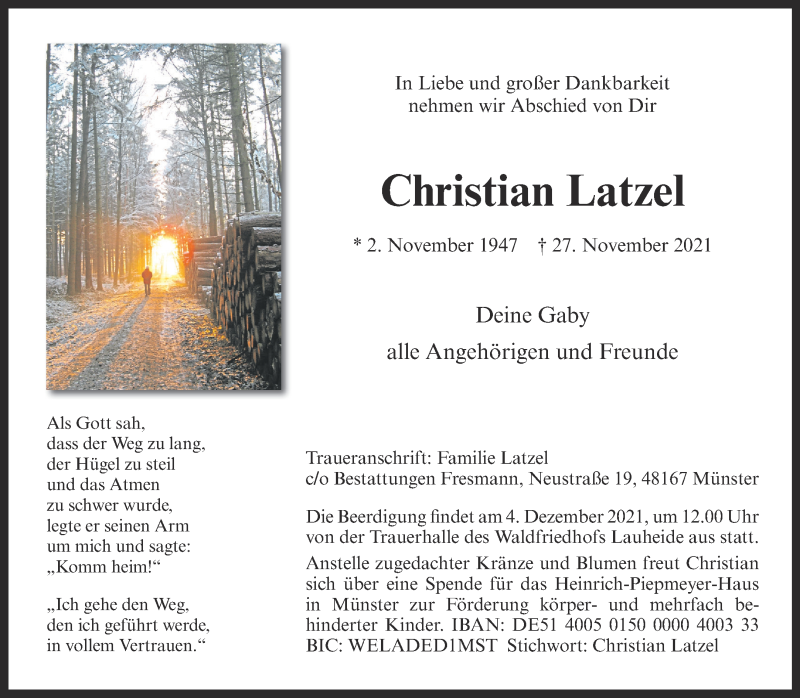  Traueranzeige für Christian Latzel vom 01.12.2021 aus 
