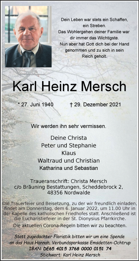  Traueranzeige für Karl Heinz Mersch vom 31.12.2021 aus 