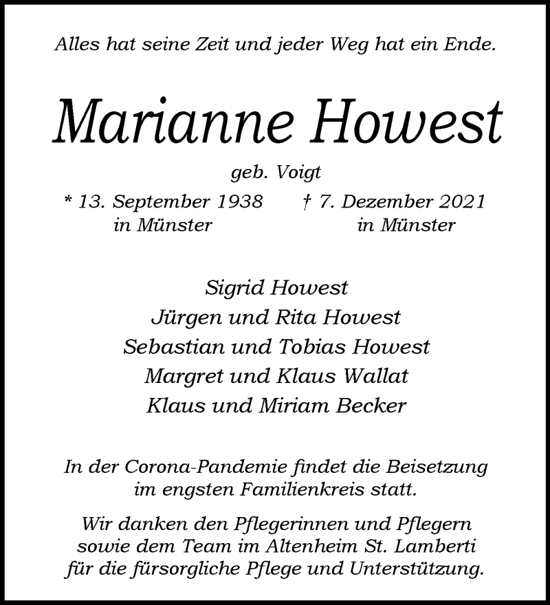  Traueranzeige für Marianne Howest vom 11.12.2021 aus 