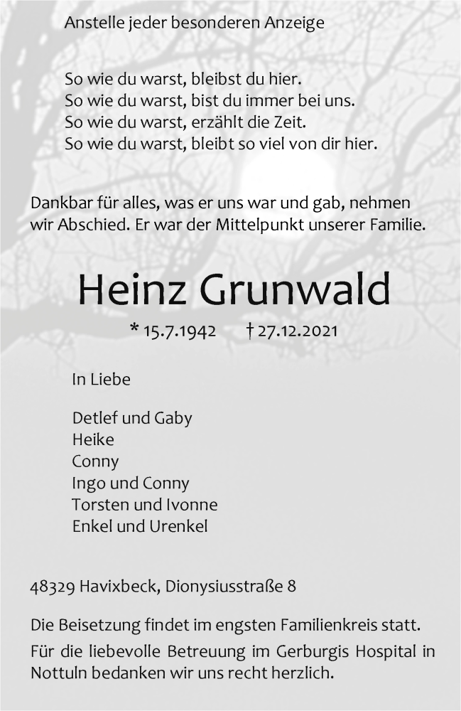  Traueranzeige für Heinz Grunwald vom 31.12.2021 aus 
