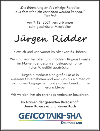 Anzeige von Jürgen Ridder 