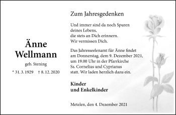 Anzeige von Änne Wellmann 