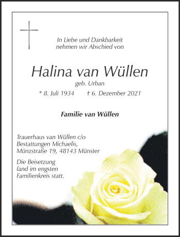 Anzeige von Halina van Wüllen 