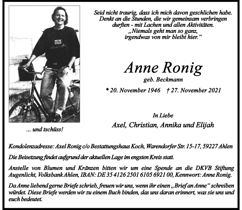  Traueranzeige für Anne Ronig vom 03.12.2021 aus 