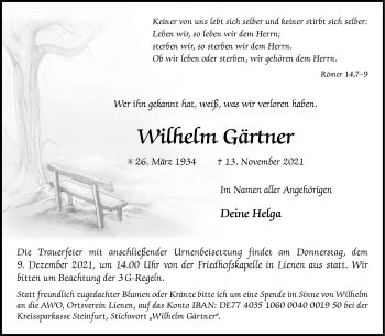 Anzeige von Wilhelm Gärtner 
