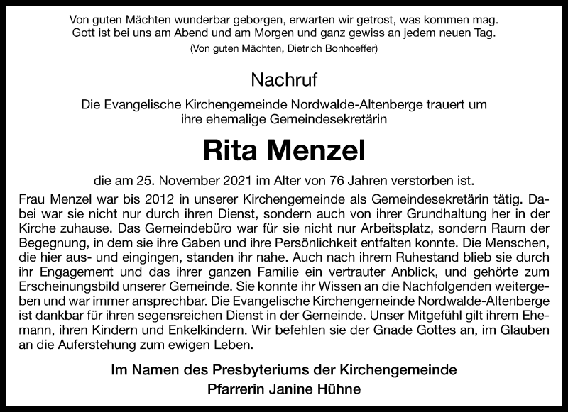  Traueranzeige für Rita Menzel vom 08.12.2021 aus 