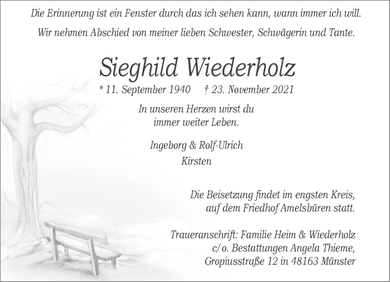  Traueranzeige für Sieghild Wiederholz vom 04.12.2021 aus 