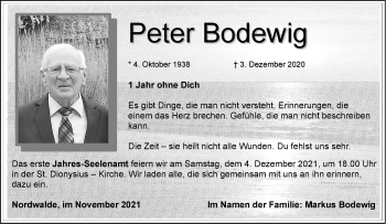 Anzeige von Peter Bodewig 