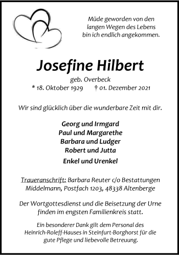 Anzeige von Josefine Hilbert 