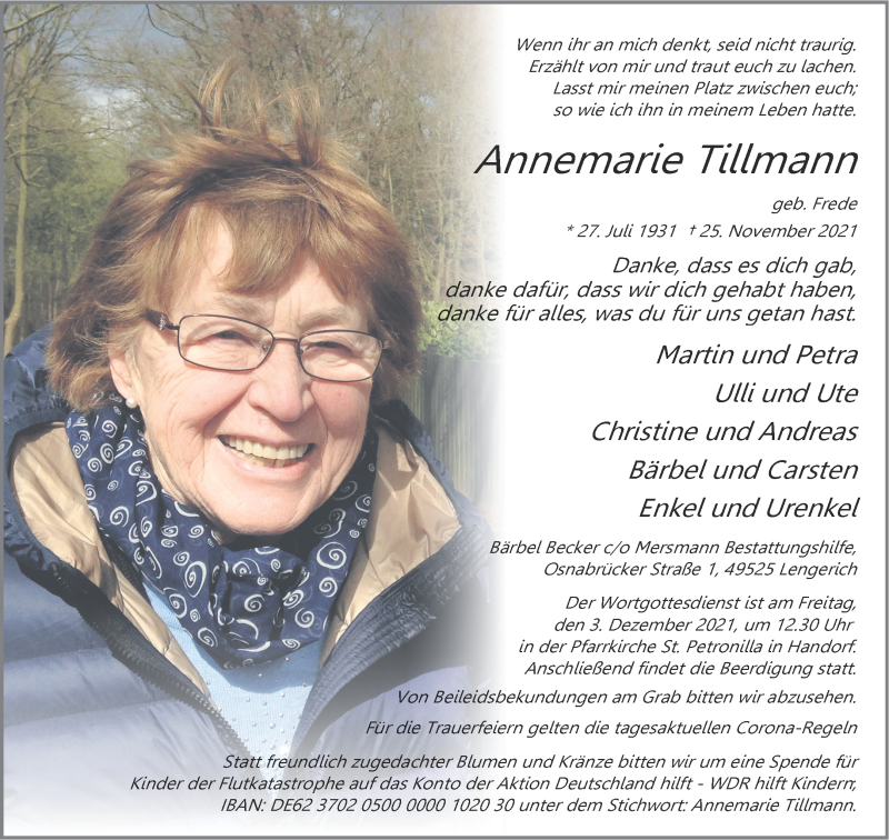  Traueranzeige für Annemarie Tillmann vom 01.12.2021 aus 