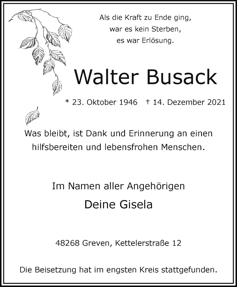  Traueranzeige für Walter Busack vom 29.12.2021 aus 