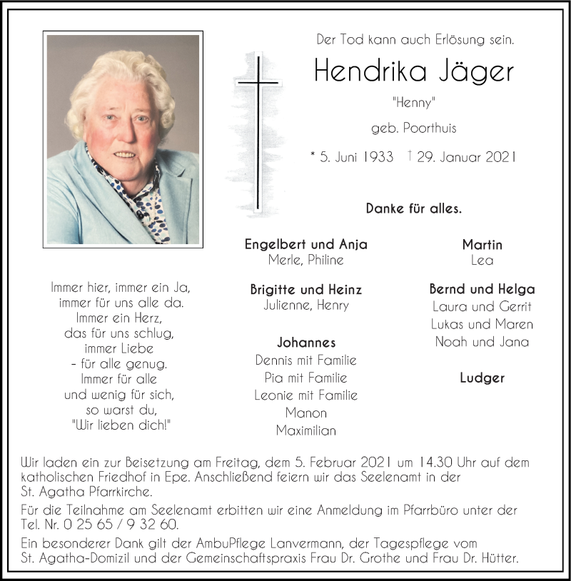  Traueranzeige für Hendrika Jäger vom 02.02.2021 aus 
