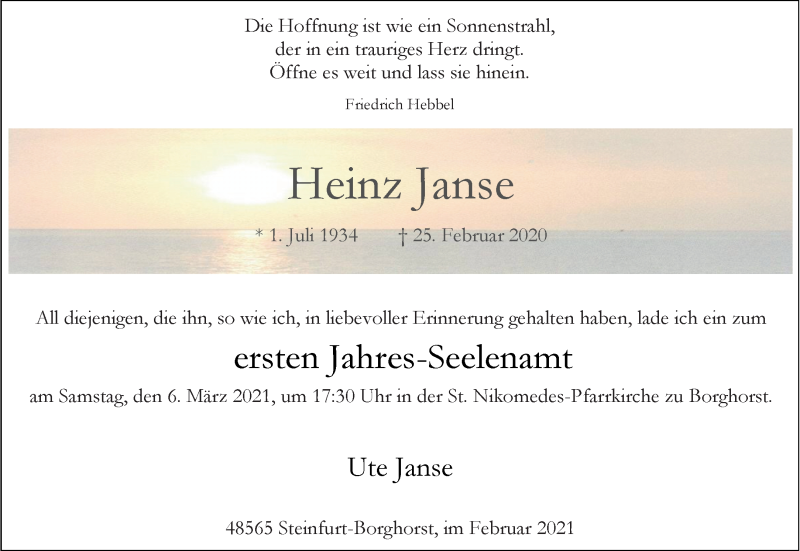  Traueranzeige für Heinz Janse vom 27.02.2021 aus 