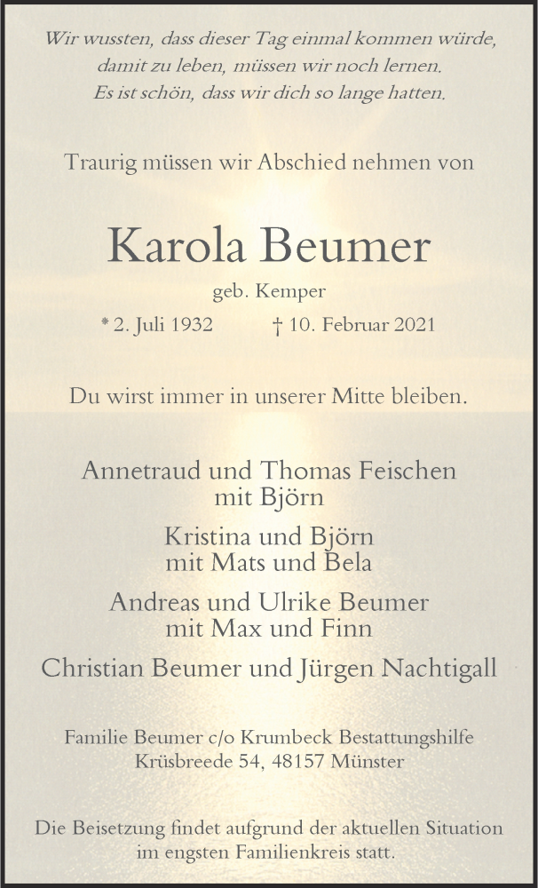  Traueranzeige für Karola Beumer vom 17.02.2021 aus 