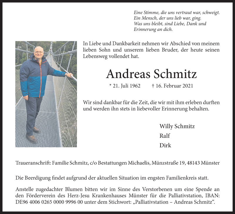  Traueranzeige für Andreas Schmitz vom 20.02.2021 aus 