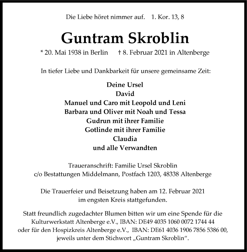  Traueranzeige für Guntram Skroblin vom 20.02.2021 aus 