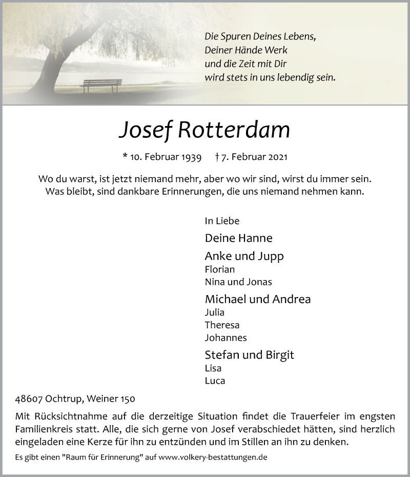  Traueranzeige für Josef Rotterdam vom 10.02.2021 aus 