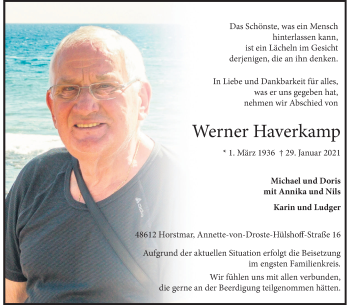 Anzeige von Werner Haverkamp 