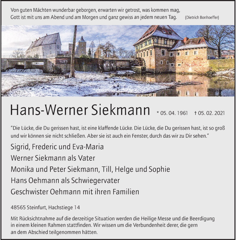  Traueranzeige für Hans-Werner Siekmann vom 09.02.2021 aus 
