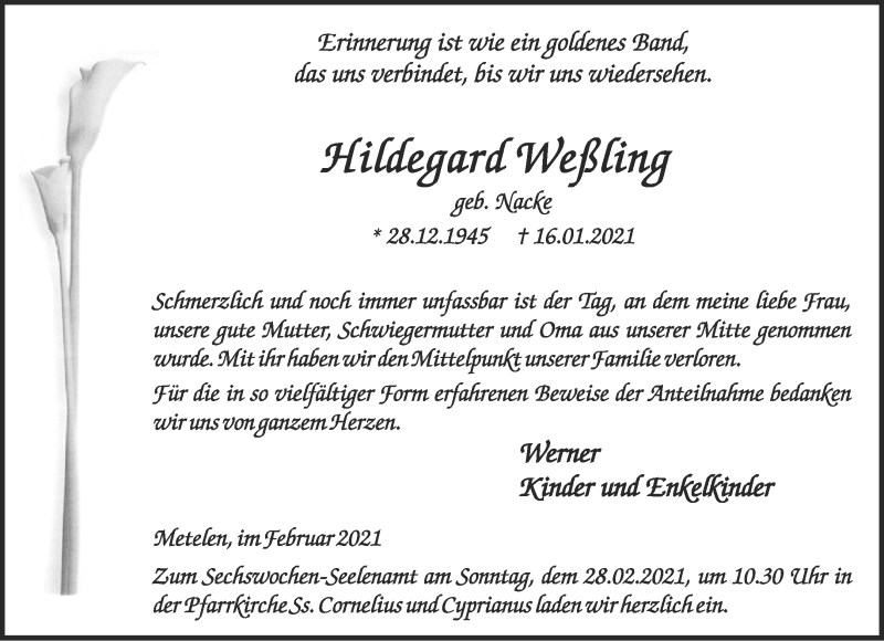  Traueranzeige für Hildegard Weßling vom 25.02.2021 aus 