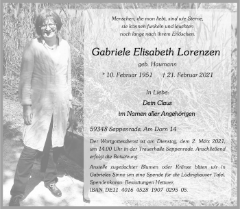 Anzeige von Gabriele Elisabeth Lorenzen 