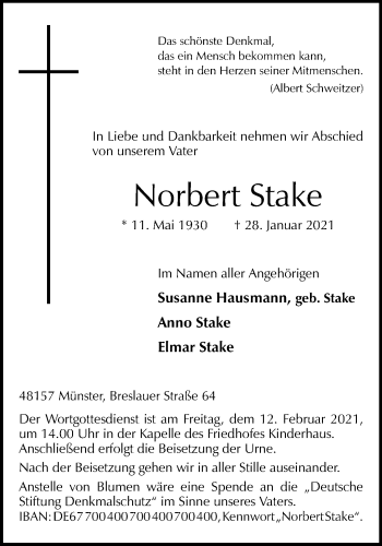Anzeige von Norbert Stake 