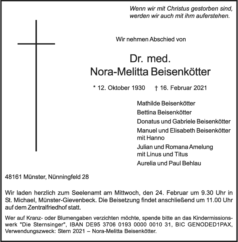  Traueranzeige für Nora-Melitta Beisenkötter vom 20.02.2021 aus 