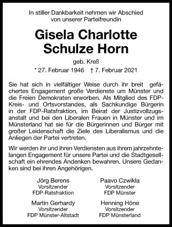 Anzeige von Gisela Charlotte Schulze Horn 