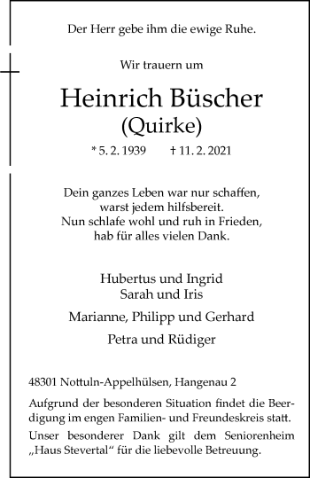 Anzeige von Heinrich Büscher 