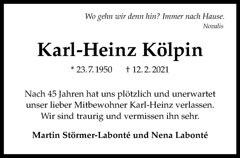  Traueranzeige für Karl-Heinz Kölpin vom 20.02.2021 aus 