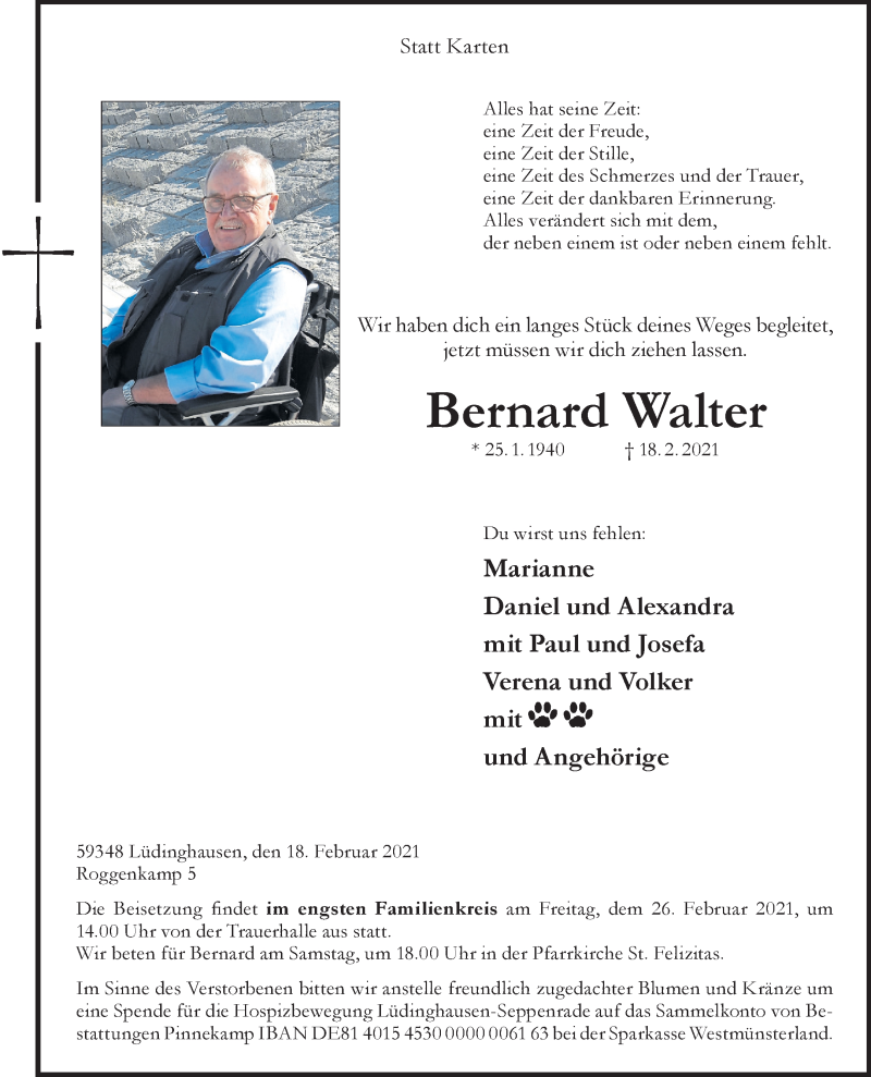  Traueranzeige für Bernard Walter vom 20.02.2021 aus 