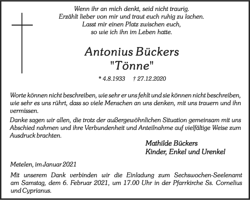  Traueranzeige für Antonius Bückers vom 04.02.2021 aus 