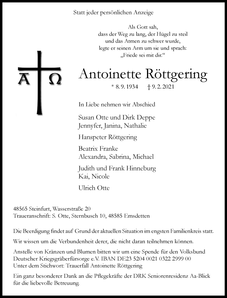  Traueranzeige für Antoinette Röttgering vom 13.02.2021 aus 