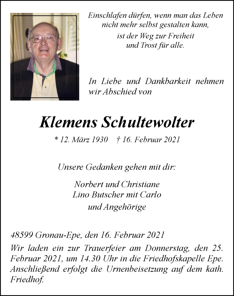  Traueranzeige für Klemens Schultewolter vom 20.02.2021 aus 