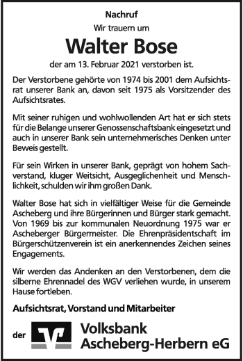 Anzeige von Walter Bose 