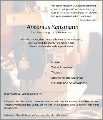 Anzeige von Antonius Ransmann 