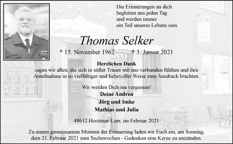  Traueranzeige für Thomas Selker vom 17.02.2021 aus 