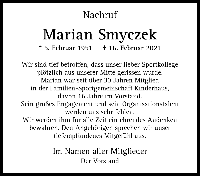  Traueranzeige für Marian Smyczek vom 24.02.2021 aus 