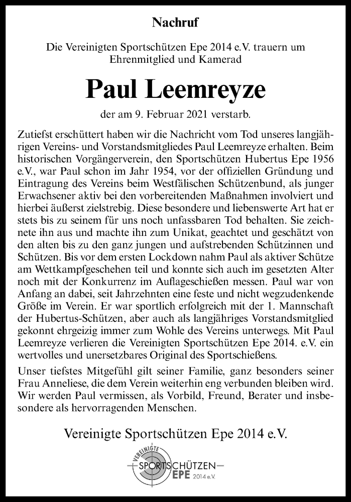  Traueranzeige für Paul Leemreyze vom 27.02.2021 aus 