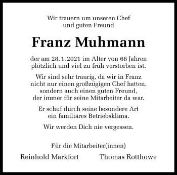 Anzeige von Franz Muhmann 