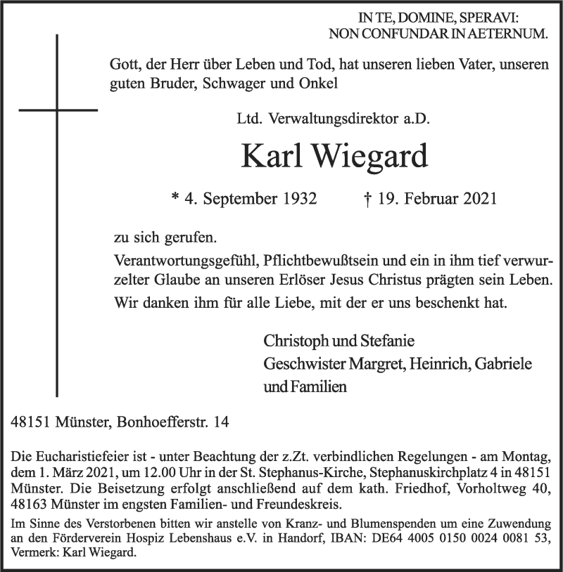  Traueranzeige für Karl Wiegard vom 25.02.2021 aus 